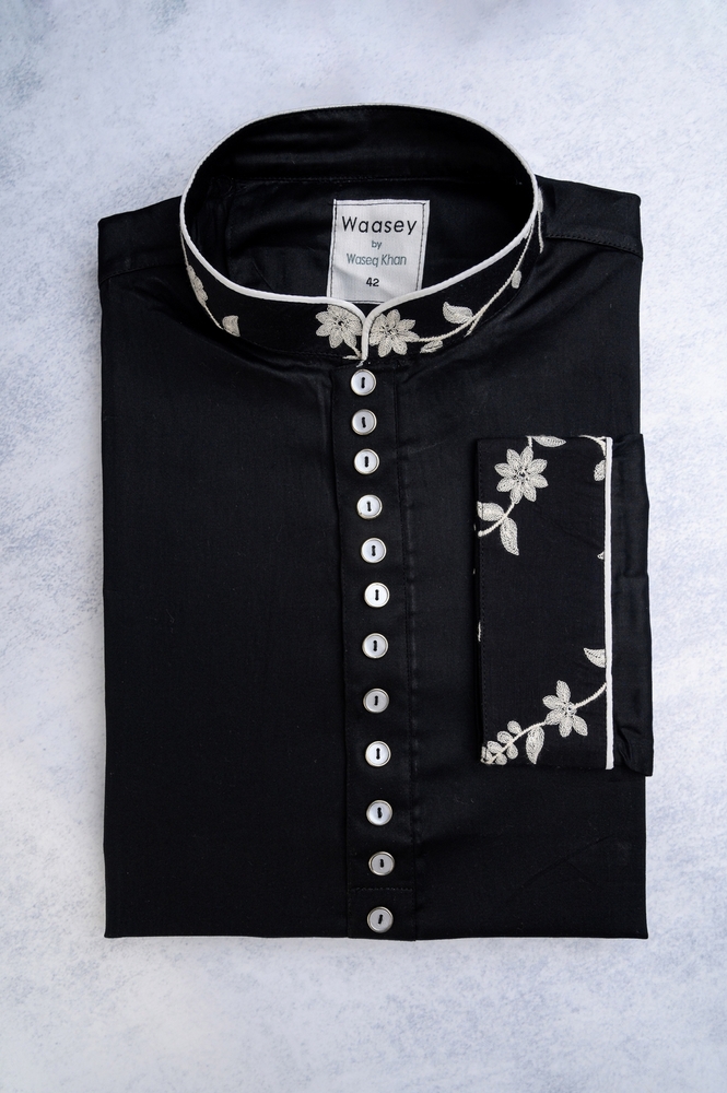 Black Panjabi with White Floral Embroidery